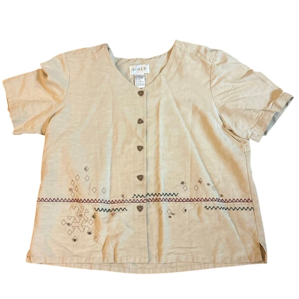 Koret Womens 14 Linen Blend Beaded Embroidered Boho Indie Top‎ GUC